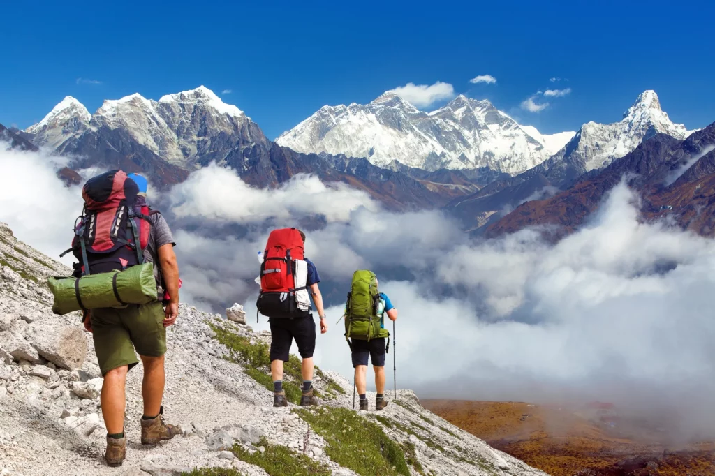 Hikers in ama dablam Mount Everest, Mt Ama Dablam, Lhotse peak, three hikers